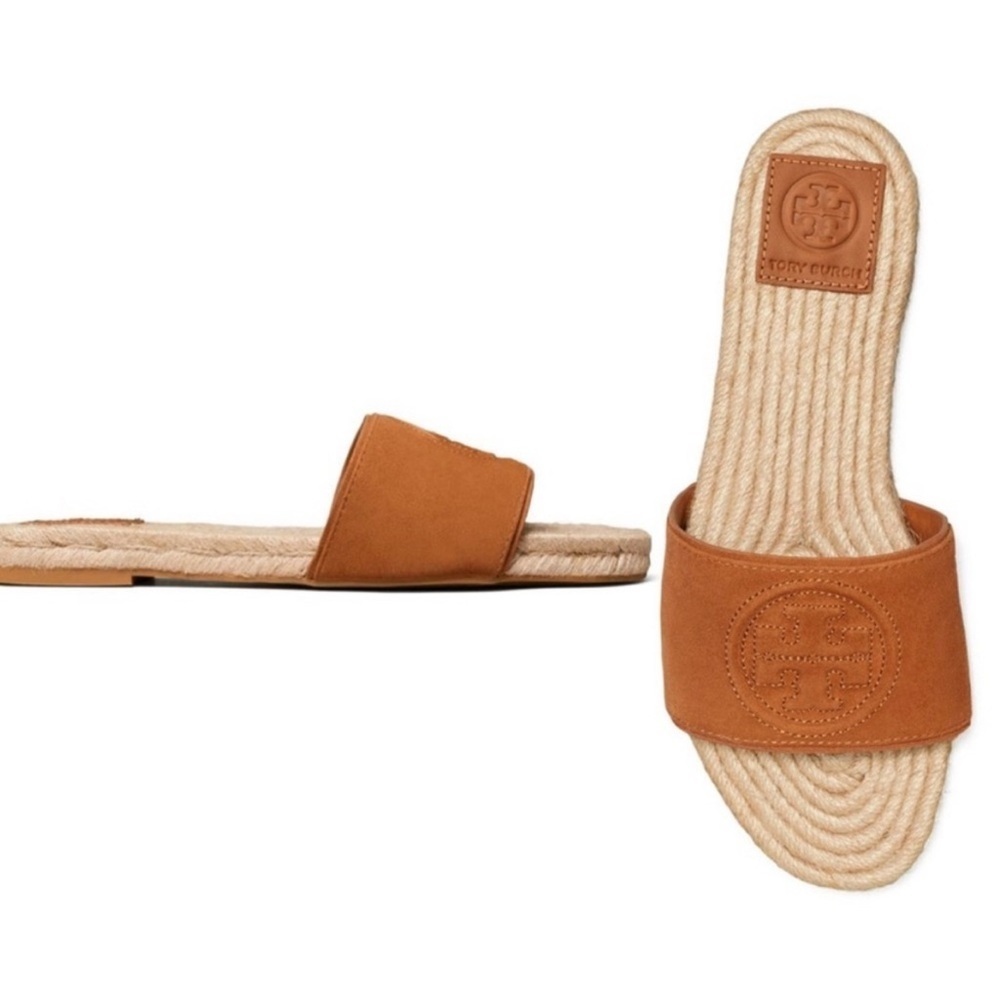 Tory Burch Benton Suede Logo Open Toe Espadrille Slide Sandals in Ambra Sz 5.5